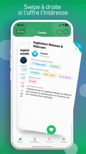 Geste de swipe sur une carte d'offre d'emploi dans Cooda