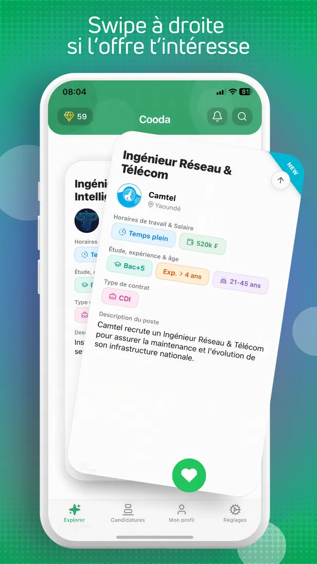 Geste de swipe sur une carte d'offre d'emploi dans Cooda