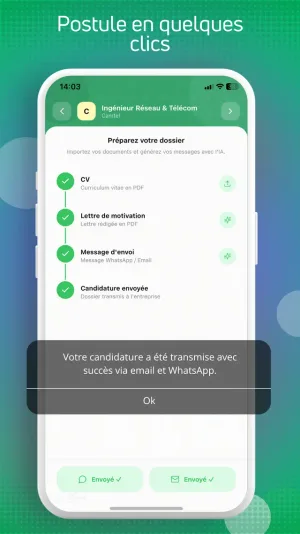 Confirmation d'envoi d'une candidature dans Cooda