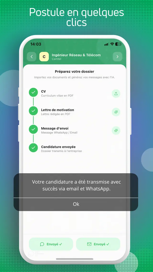 Confirmation d'envoi d'une candidature dans Cooda