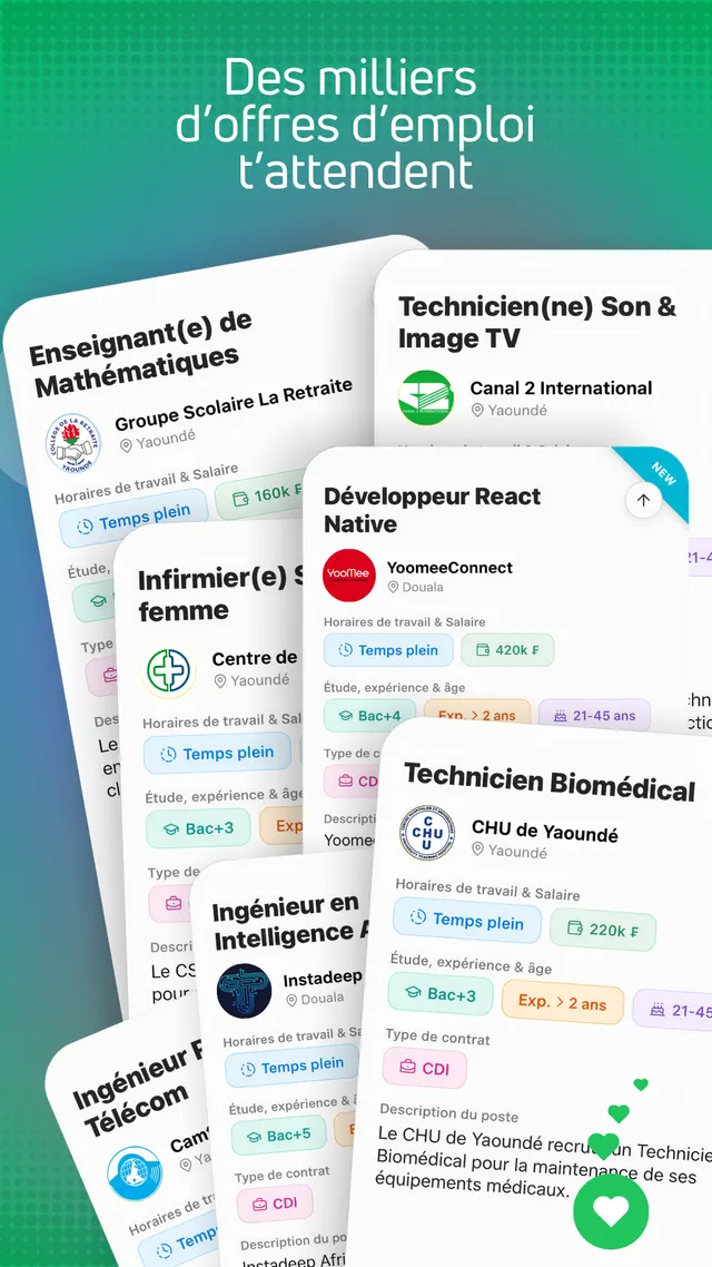 Collage de plusieurs cartes d'offres d'emploi variées dans Cooda